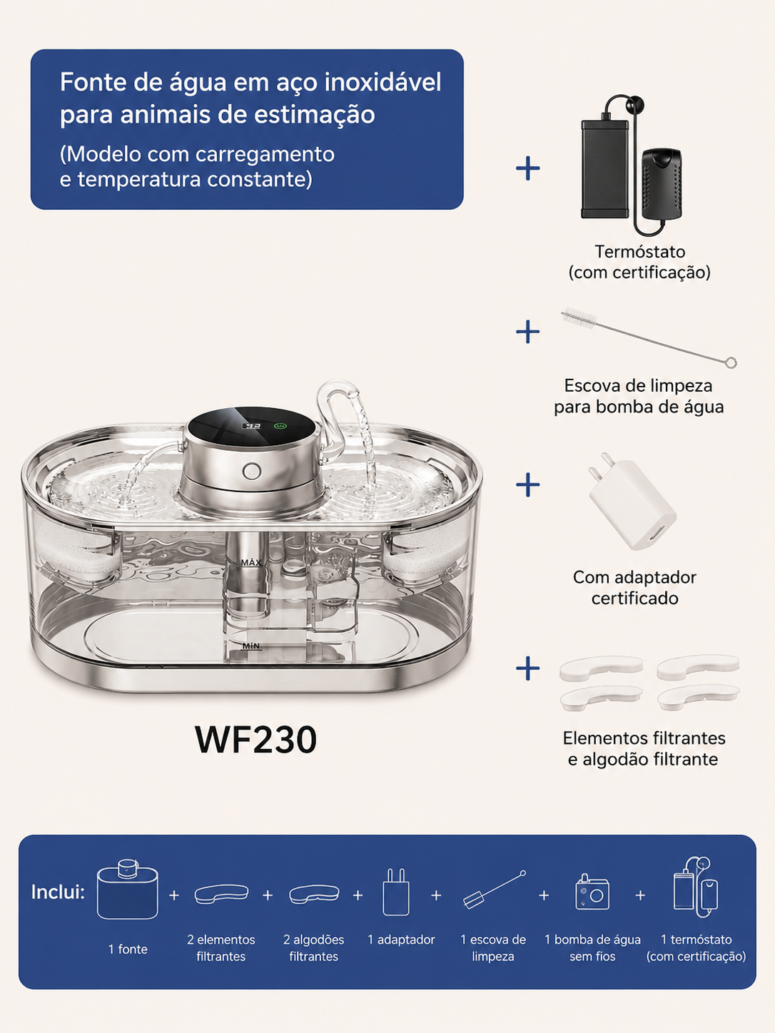 Nekoa Crystal™ – Fonte Inteligente Premium em Aço Inoxidável (Sem Fios)
