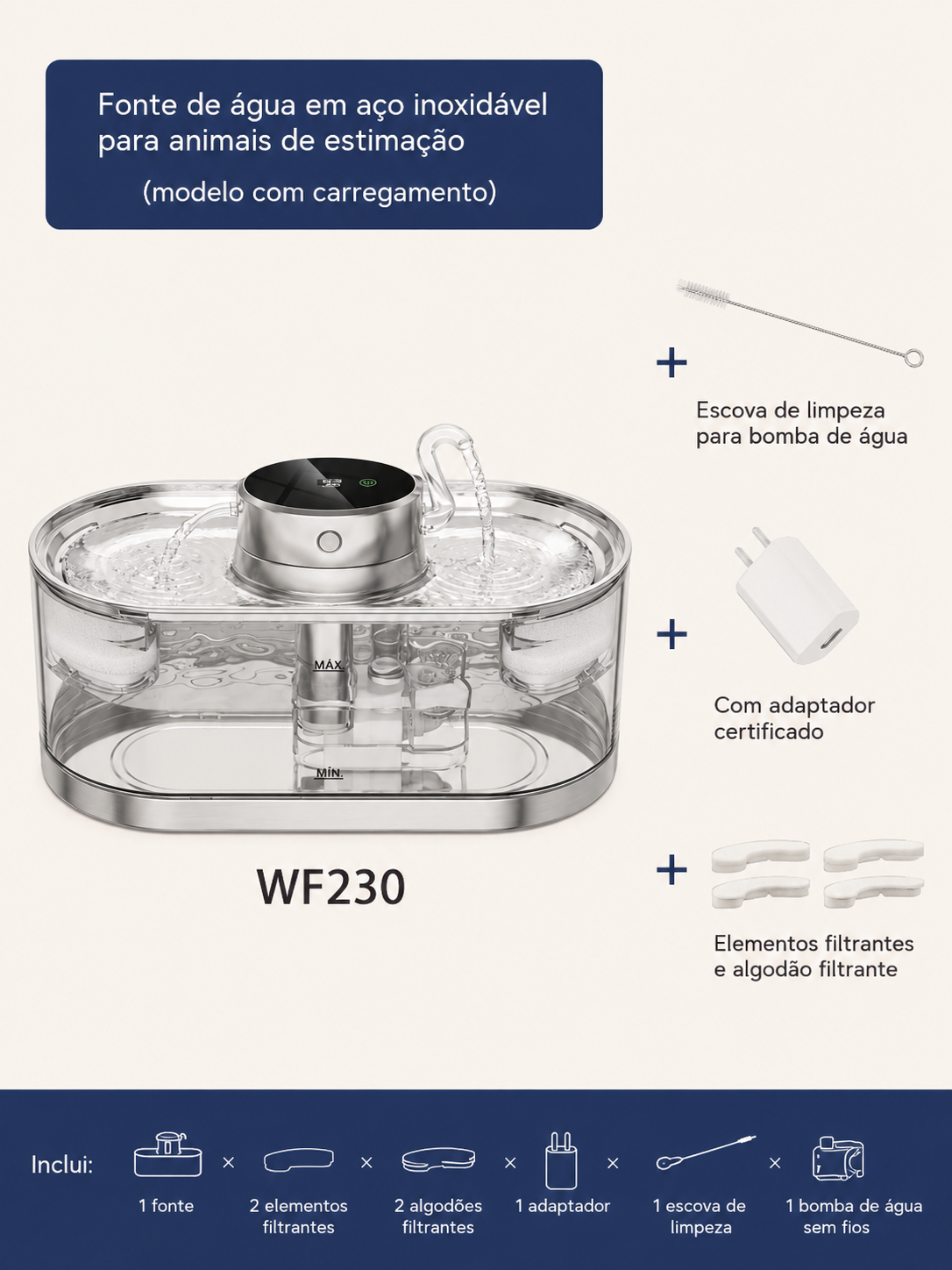 Nekoa Crystal™ – Fonte Inteligente Premium em Aço Inoxidável (Sem Fios)