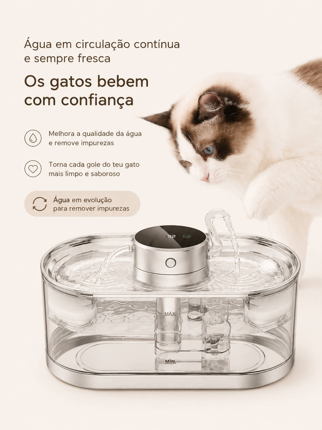 Nekoa Crystal™ – Fonte Inteligente Premium em Aço Inoxidável (Sem Fios)